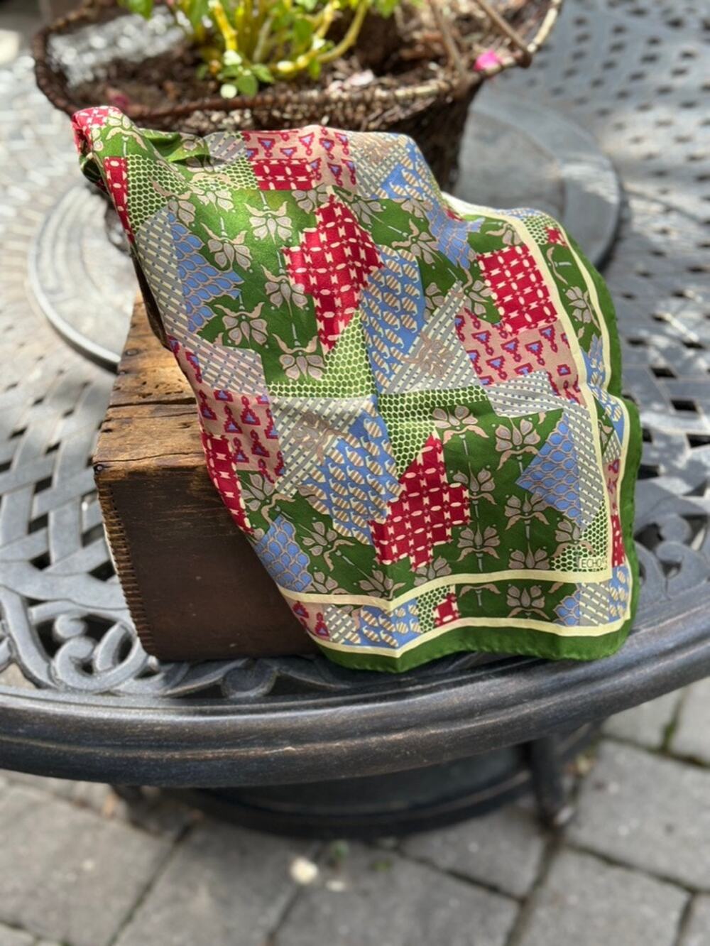 Echo 100% Silk Scarf 26 x 26 Patchwork Print Hand Rolled Edges